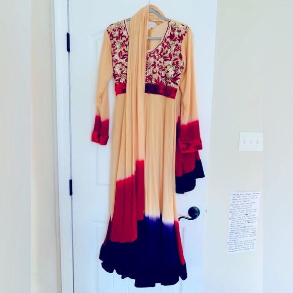 Vintage Indian Bollywood Velvet Trim Chiffon Anarkali Dress and Dupatta Set - Picture 8 of 8